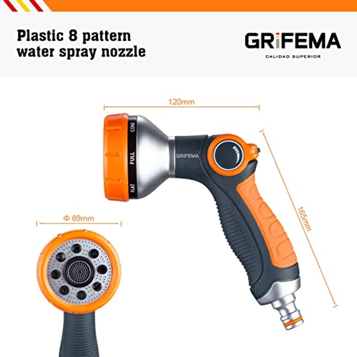 GRIFEMA GE1303 Gartenbrause, Handbrause mit 8 Bewässerungsmustern und einstellbarem Wasserdurchfluss für Gartenbewässerung, Autowäsche und Haustierdusche – Bild 2