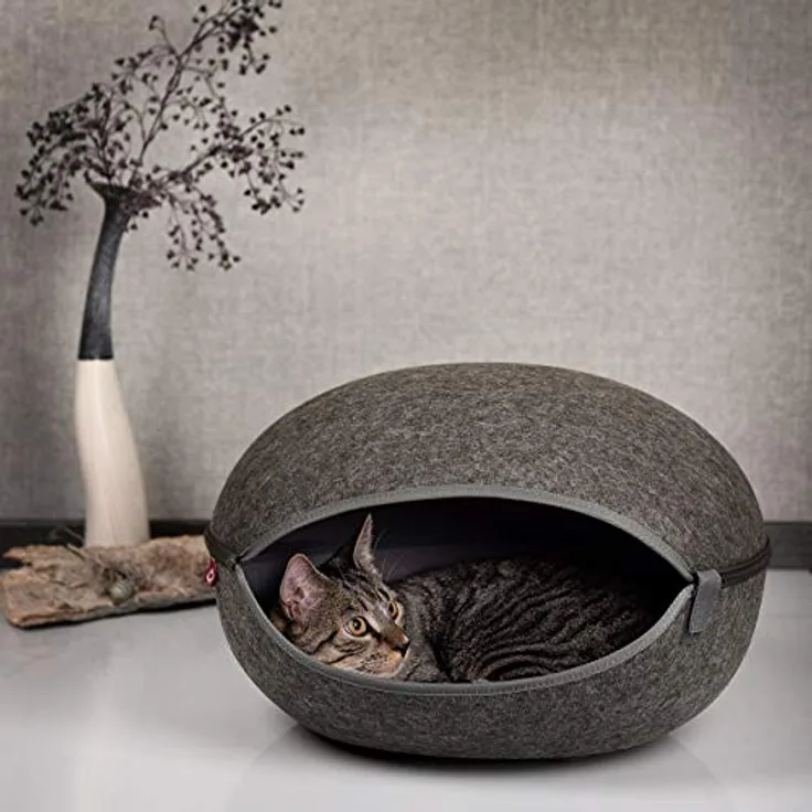 CanadianCat Kuschelhöhle Katzennest Uni-Anthrazit, geräumiges Hundebett und Katzenbett aus hochwertigem Filz, ca. 52 x 45 x 33 cm, für große Katzenrassen
