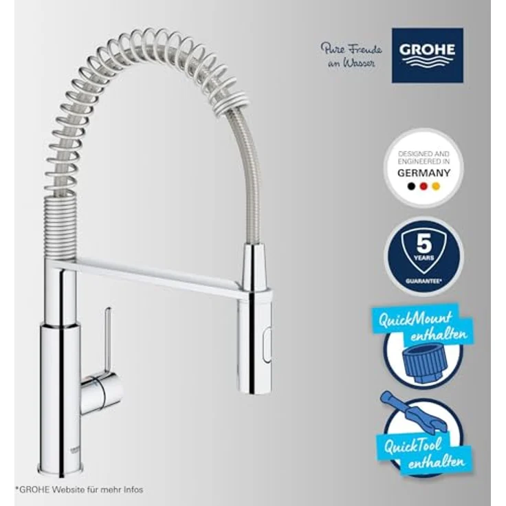 Grohe Einhebel Spültischbatterie 30361000, Hochdruck Küchenarmatur mit QuickFix, chrom, 360° schwenkbarer Auslauf, Keramikkartusche mit Temperaturbegrenzer – Bild 4