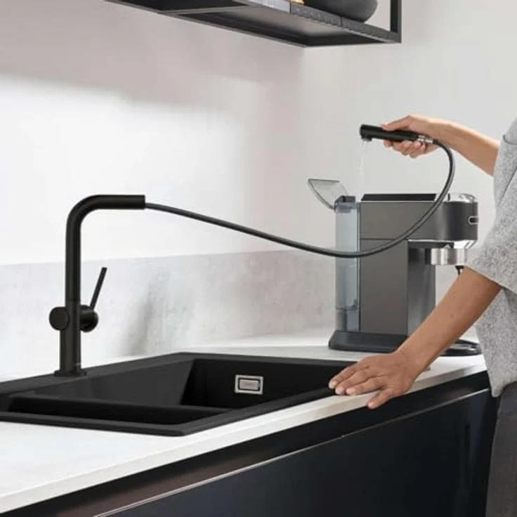 hansgrohe Talis M54 Einhebelküchenmischer, 270 Ausziehauslauf, Mattschwarz, mit Temperatureinstellung und schwenkbarem L-Auslauf – Bild 4