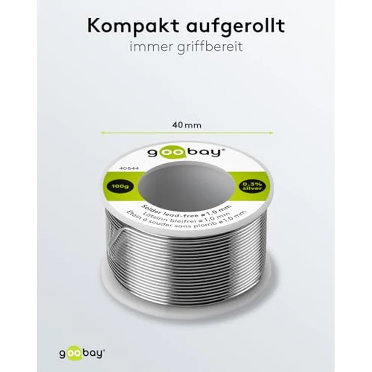 Goobay Lötzinn bleifrei, ø 1,0 mm, 100 g - Zusammensetzung: 0,3 % Silber, 0,7 % Kupfer, 96,5 % Zinn, Flußmittelanteil: 2,5 %, Schmelzpunkt 217° C – Bild 5