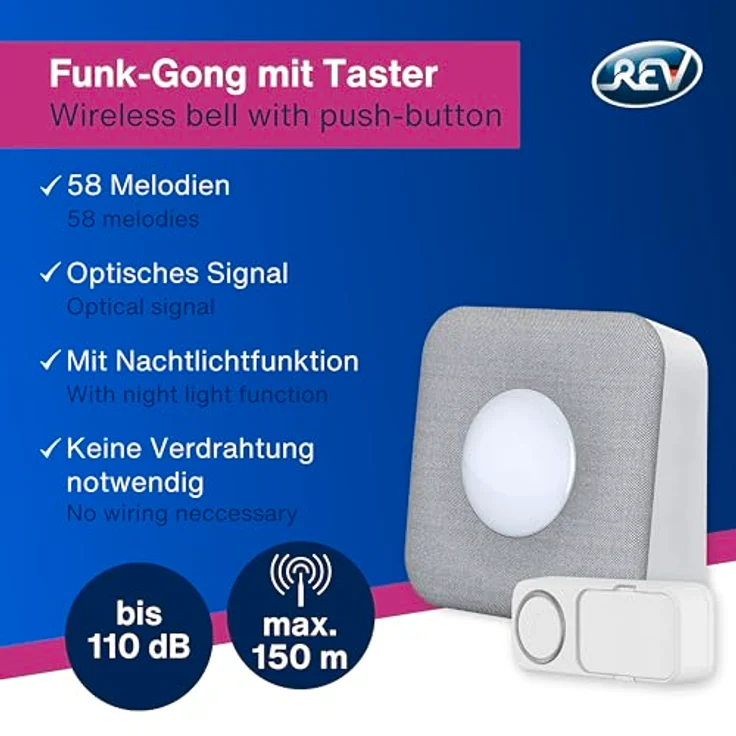 REV Türgong Set Orchestra mit Nachtlicht, 150m Reichweite, 4-Stufen Lautstärke bis 110dB, 58 Melodien, Lichtsignal, batteriebetrieben, grau – Bild 2