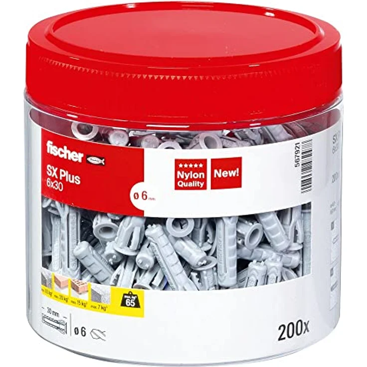fischer Spreizdübel SX 6 x 30, handliche Runddose mit 200 Nylondübeln, Dübel für optimalen Halt bei Befestigungen in Beton, Hochlochziegel, Porenbeton, Vollziegel uvm. – Bild 1
