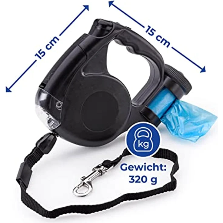 Hundeleine mit LED Licht Kotbeutelspender Beutelspender 5m Hunde Leine bis 25kg Rollleine Schwarz – Bild 5