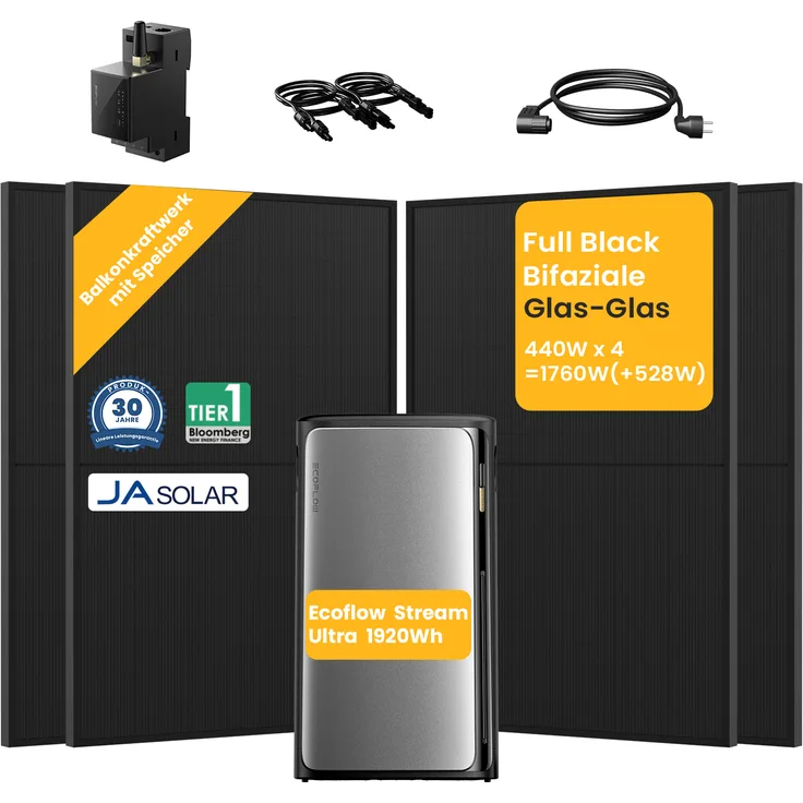 EcoFlow STREAM Ultra, Balkonkraftwerk mit 1920Wh Speicher, 4x JA Solar 440Wp Full Black Solarmodule und Smart Meter
