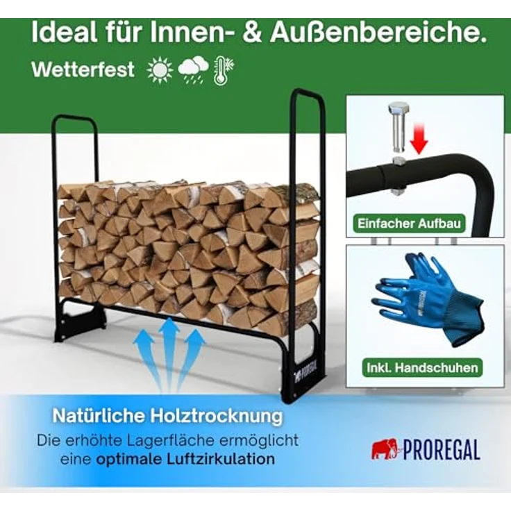 PROREGAL Kaminholzregal CHIMERA, wetterfestes Metallgestell mit Abdeckung und Handschuhen, 117x130x36cm, schwarz, für effiziente Holzlagerung im Freien – Bild 2