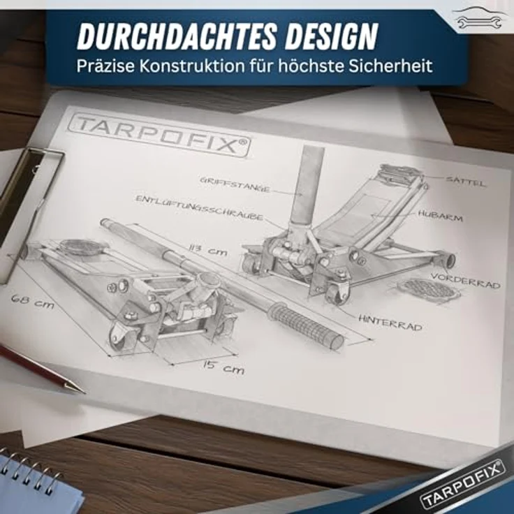 Tarpofix Hydraulischer Wagenheber 3T – Flacher Rangierwagenheber für Auto & SUV, Hubhöhe 85 - 475 mm, mit Gummiauflage & Handschuhen – Bild 4