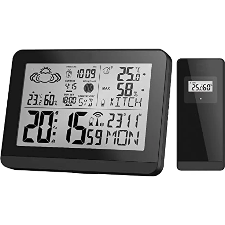 Miraval Funk-Wetterstation mit Aussensensor, Hygrometer, Mondphase, Sonnenauf- und -untergangszeiten, 2 Alarme, Farbe Schwarz – Bild 1