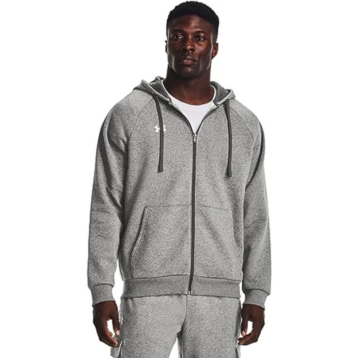 Under Armour Rival Fleece Full Zip Kapuzenjacke Herren, graues Fleece-Material, Rippstrick-Bündchen, Kapuze mit Tunnelzug, XXL – Bild 1