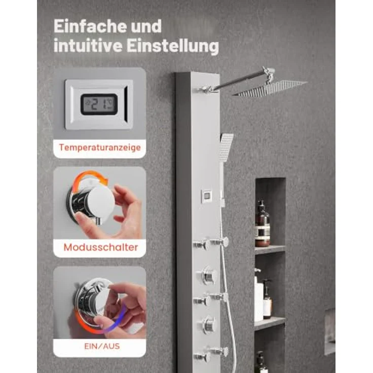 VEVOR Duschpaneel-Turmsystem mit Regenwasserfall-Duschkopf, 124 cm Duschsäule aus gebürstetem Edelstahl, mit Handbrause & 6 Massagedüsen, LCD-Temperaturanzeige – Bild 5