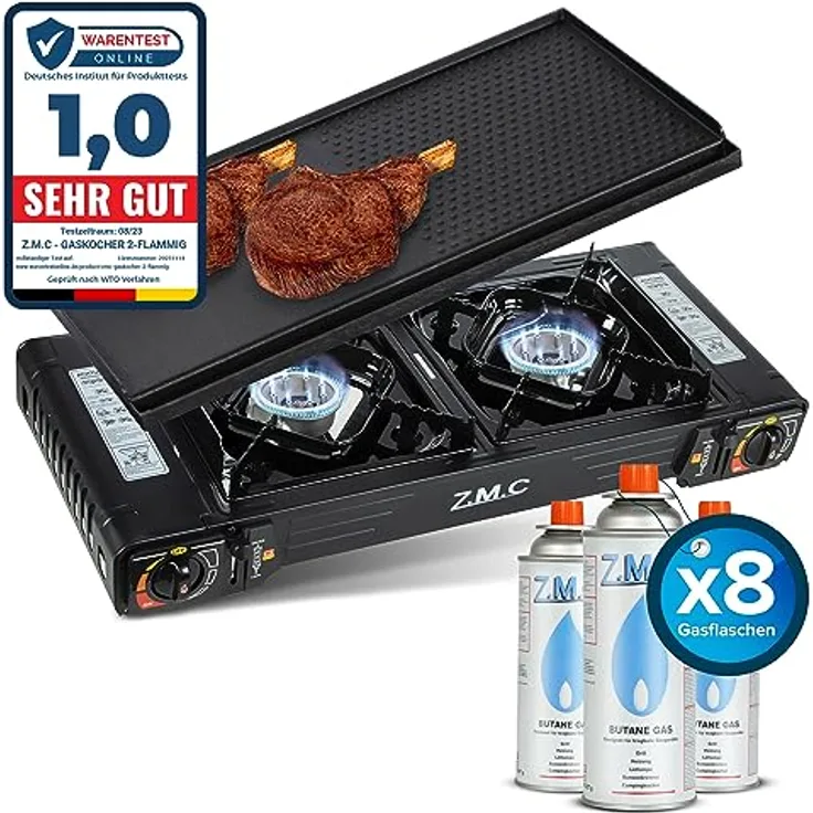 Z.M.C PREMIUM Camping Gaskocher 2-flammig + Grillplatte 45x24 cm + 8 Gaskartuschen 227g, mit Zündsicherung und Piezozündung, für Outdoor und Innenraum, Balkon Doppelgaskocher