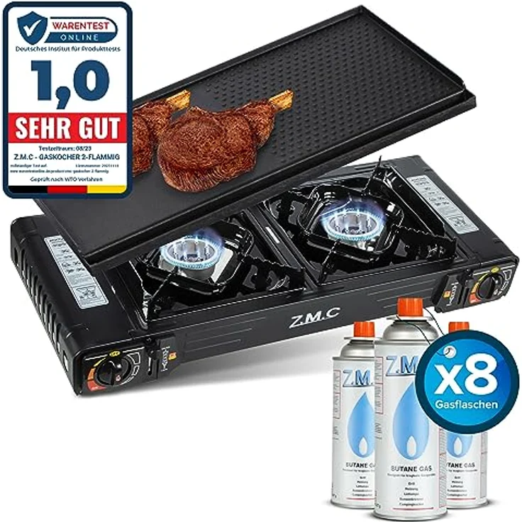 Z.M.C PREMIUM Camping Gaskocher 2-flammig + Grillplatte 45x24 cm + 8 Gaskartuschen 227g, mit Zündsicherung und Piezozündung, für Outdoor und Innenraum, Balkon Doppelgaskocher – Bild 1