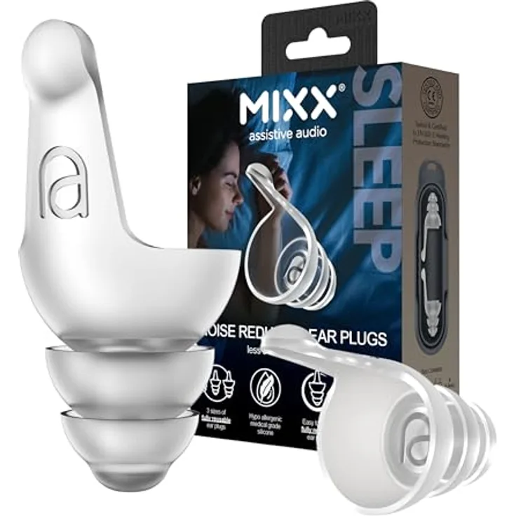 Mixx Assistive Audio Sleep Gehörschutz-Earplugs, 3x wiederverwendbare Ohrstöpsel aus medizinischem Silikon, flach und bequem für Seitenschläfer, inklusive Aufbewahrungskoffer