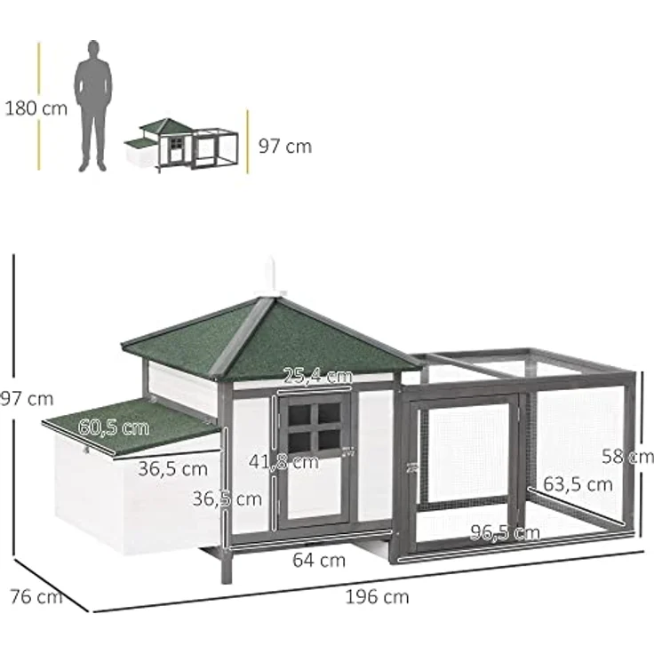 PawHut Zwerghühnerstall Zwerghühnerhaus mit Auslauf Stall mit Sitzstangen Nistkasten Wachtelstall Draußen Winterfest Kiefernholz Grau+Weiß 196 x 76 x 97 cm – Bild 3