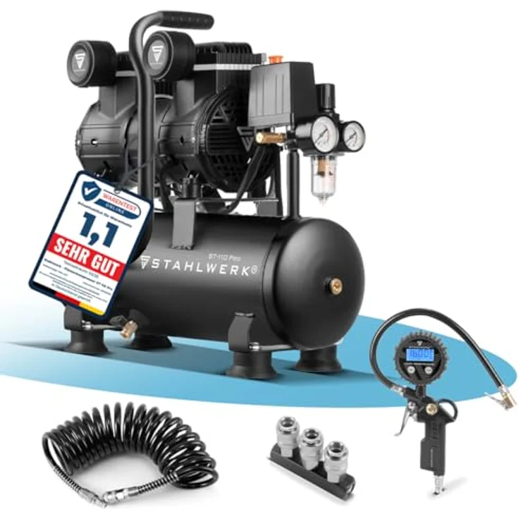 STAHLWERK Kompressor ST-110 Pro, Druckluftset mit 10 bar Maximaldruck, 210 l/min Durchfluss, 10 l Kesselinhalt, inkl. digitaler Reifenfüllpistole und PU-Druckluftschlauch – Bild 1