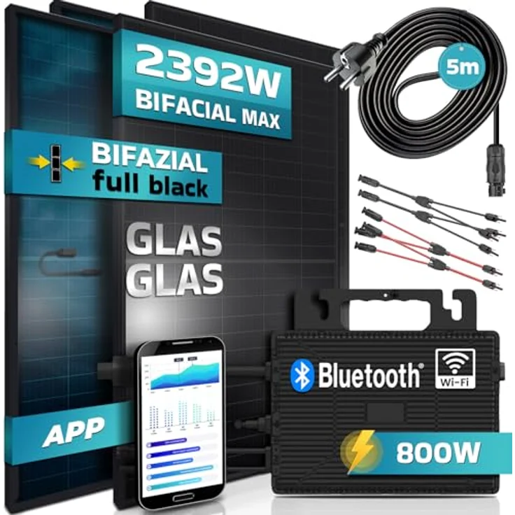 SUNNIVA® Balkonkraftwerk FULL BLACK BIFACIAL GLAS GLAS 2392W/800W Solaranlage mit 800W Astro Energy Micro Wechselrichter Wifi Bluetooth, upgradebar drosselbar, 4x460W Bifaziale Solarmodule, 5m Kabel – Bild 2
