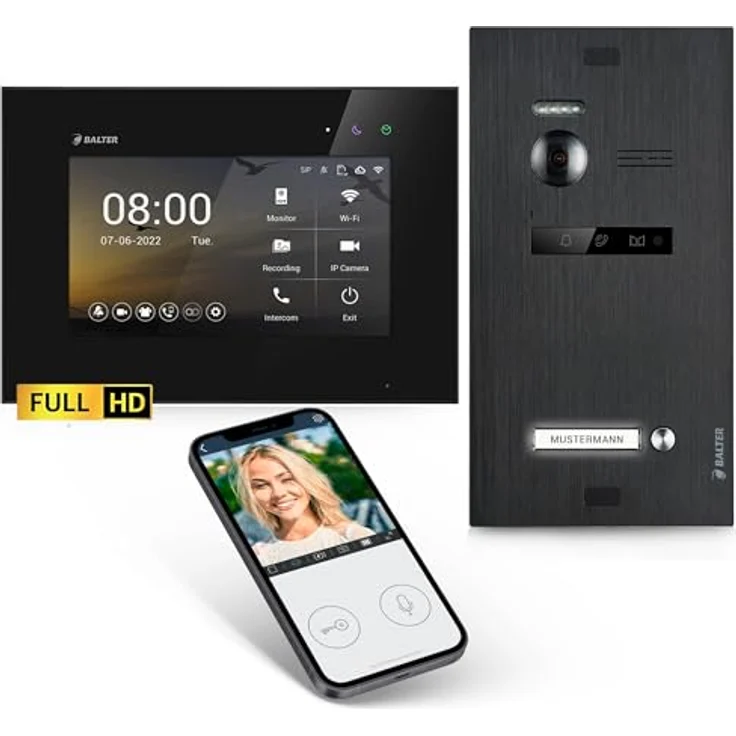 Balter Video-Türsprechanlage EVO HD, Komplettset für Einfamilienhaus mit Full HD Kamera, 7-Zoll Monitor, 2-Draht Technologie, schwarz – Bild 1