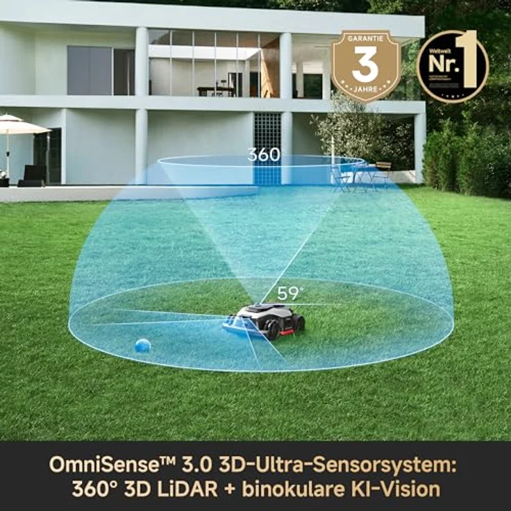 DREAME A3 AWD Pro-3500 Mähroboter mit OmniSense 3.0, 360° 3D LiDAR, KI-Objekterkennung und Allradantrieb, geeignet für Flächen bis 3.500 m², max. Neigung 80% – Bild 3