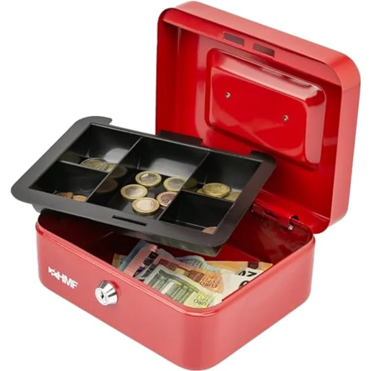 HMF Geldkassette abschließbar, Kasse mit 5 Münzfächern, herausnehmbarer Münzeinsatz, 20 x 16 x 9 cm, Rot – Bild 4