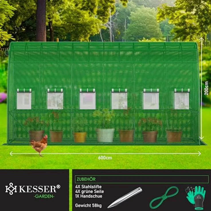 KESSER® Folien-Gewächshaus mit 12 Fenstern & Tür | Stabiler Gartentunnel aus verzinktem Stahl | 170g/m² Folientunnel 600x300cm Grün – Bild 2