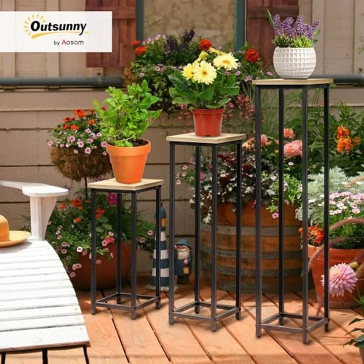 Outsunny Blumenständer im Industriedesign, 3er Set aus Stahl und Holzoptik, für Garten und Balkon, Schwarz+Natur – Bild 3