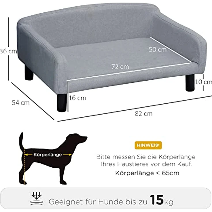 Pawhut Hundesofa mit Weichem Bezug Haustiersofa mit Holzbeinen Hundebett 82 x 54 x 36 cm – Bild 3