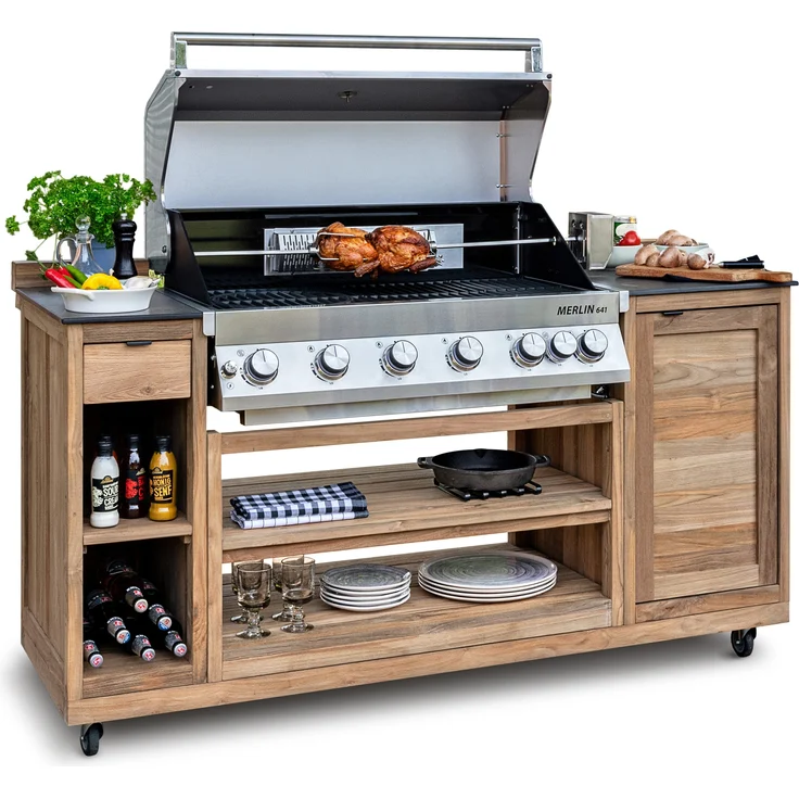 Endorphin Gasgrill Mobile Outdoor-Küche aus recyceltem Teak inkl. 6 flam. Gas-Grill, mit urban carbon Arbeitsplatte – Bild 1