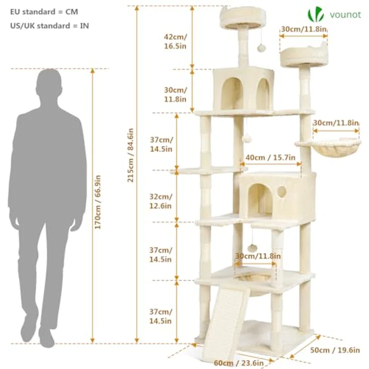 VOUNOT XXL Katzenbaum 215cm, mehrstöckiger Katzenmöbel mit Korb Hängematte, Plüschbälle, Grau – Bild 3
