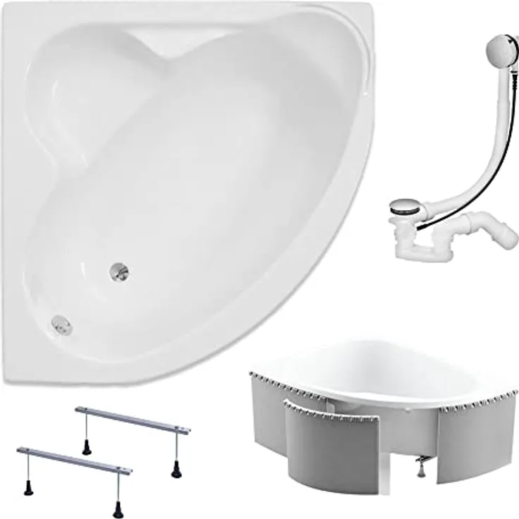 KOLMAN Badewanne STANDARD Eckbadewanne 120x120 mit Styroporverkleidung, Ablaufgarnitur und Füßen 4in1 Premium Original Acryl Wanne Siphon, reinweiß