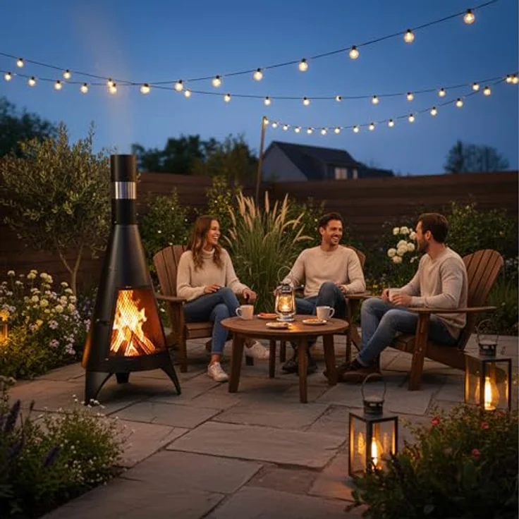 Relaxdays Terrassenofen mit Funkenschutz Tür, dekorative Feuerstelle für Holz, Gartenofen, HxD: 120x45cm, Stahl, schwarz – Bild 4