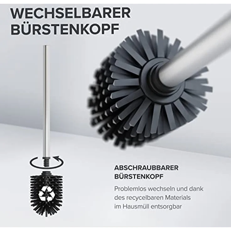 ovimar Ersatzbürste Vesborg | Set 2 Stiele und 2 Bürstenköpfe | Silber | Griff in Edelstahl | Klobürste mit Silikon Bürstenkopf in schwarz | Toilettenbürste mit wechselbarem Bürstenkopf – Bild 4