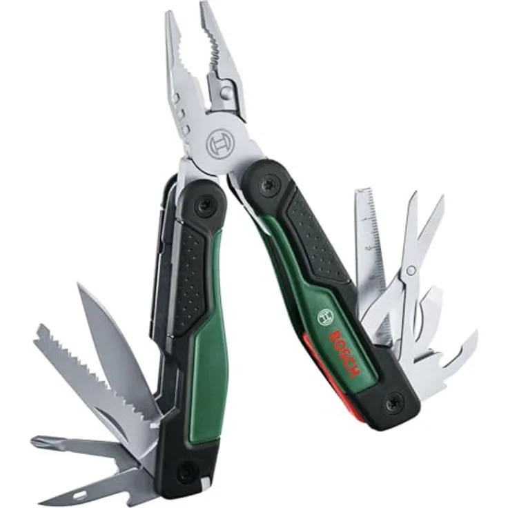 Bosch 16-in-1 Multi-Tool, Multifunktionswerkzeug aus Edelstahl mit Softgrip, verriegelbarer Zange, Schraubendrehern, Messern und Säge für Heimwerken und Camping