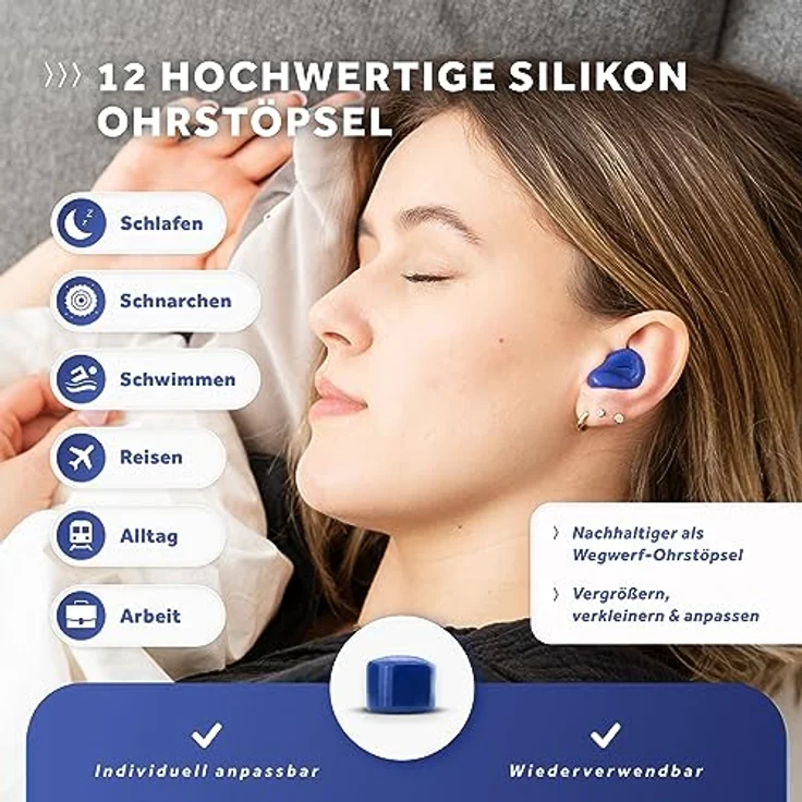 Schallwerk ® Soft+ | 12 Silikon Ohrstöpsel – Optimale Unterstützung als Schlafgehörschutz, weiche Ohrenstöpsel zum Schlafen Silikon – Earplugs for sleeping – Bild 2