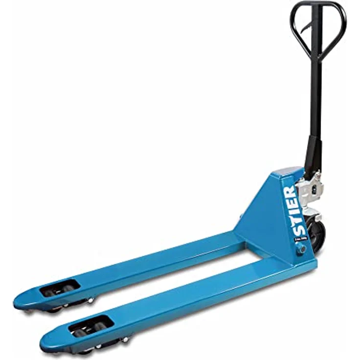 STIER Gabelhubwagen, Palettenhubwagen mit Tragkraft 2500 kg, Gabellänge 1150 mm, blau, Nylon-Rollen, wartungsfrei, Lenkeinschlag 210° – Bild 3