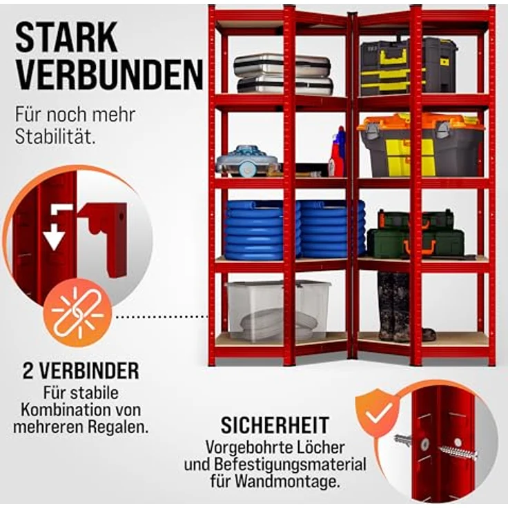 monzana Schwerlastregal, Eckregal 180x70x40cm, 875 kg Tragkraft, 5 MDF-Platten, rot – Bild 5