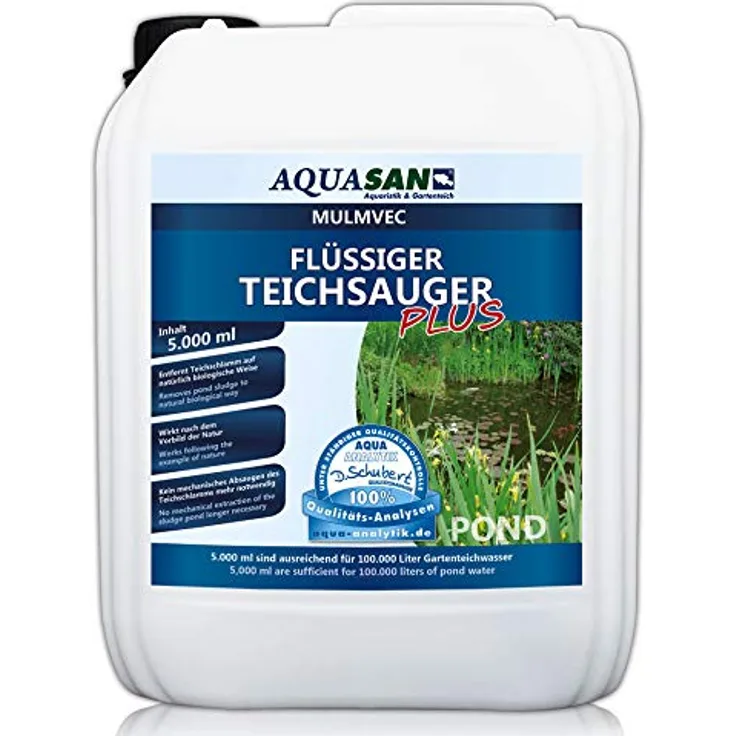 AQUASAN Gartenteich Mulmvec Flüssiger Teichsauger Plus (Teichschlammentferner - Kein mechanisches Absaugen von Schlamm und Mulm mehr notwendig - Nie Wieder Teichschlamm), Inhalt:5 Liter