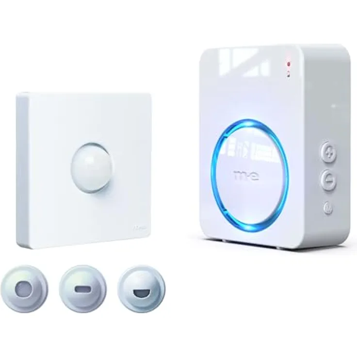 m-e Funk-Bewegungsmelder Set BELL-8121, kabelloser Durchgangsmelder mit 300 Meter Reichweite, Klingelton/Alarm, Set mit Batterieempfänger für Ladentüren und Eingänge
