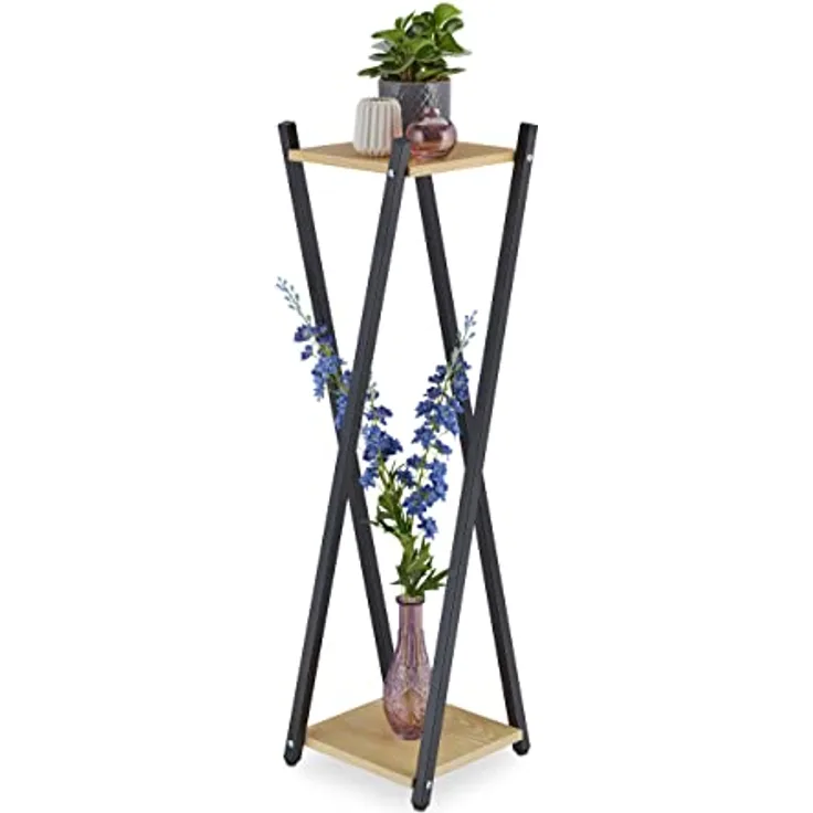 Relaxdays Blumenständer, 2 Etagen in Holzoptik, Metall, MDF, moderner Blumenhocker, HBT: 99x29x29 cm, schwarz/Hellbraun