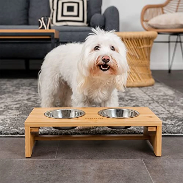lionto erhöhter Hundenapf Futterstation für Hunde Futterbar für Haustiere aus Bambus 2 Näpfe aus Edelstahl rutschfest, (S) 40x20x10 cm – Bild 2