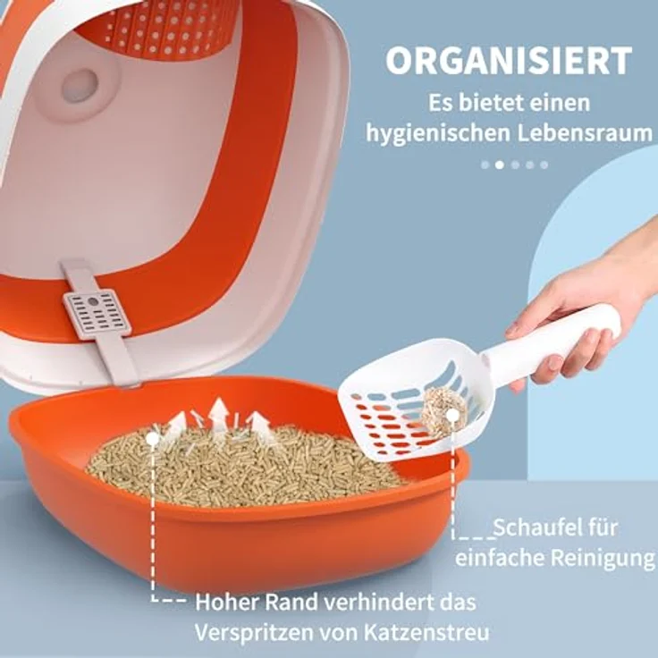 PawHut Katzentoilette mit Deckel, Katzenklo inkl. Deodorant, Bodengitter, Streuschaufel, Großer Innenraum für Katzen bis 5 kg, Weiß+Orange – Bild 4