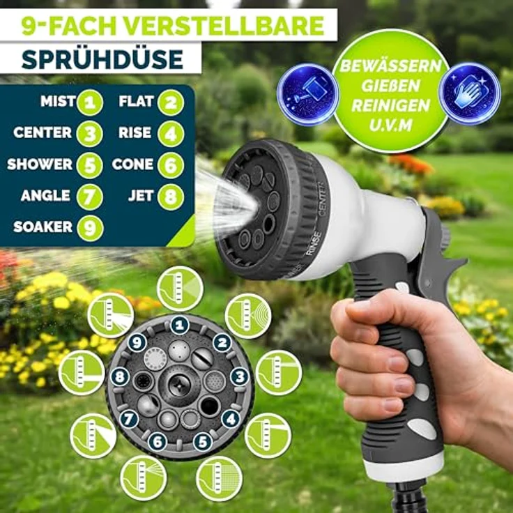 tillvex Schlauchtrommel mit Wandhalterung, 35m Gartenschlauch, 180° schwenkbar, Handbrause mit 9 Funktionen, Schwarz, mit Aufroll-Automatik – Bild 4