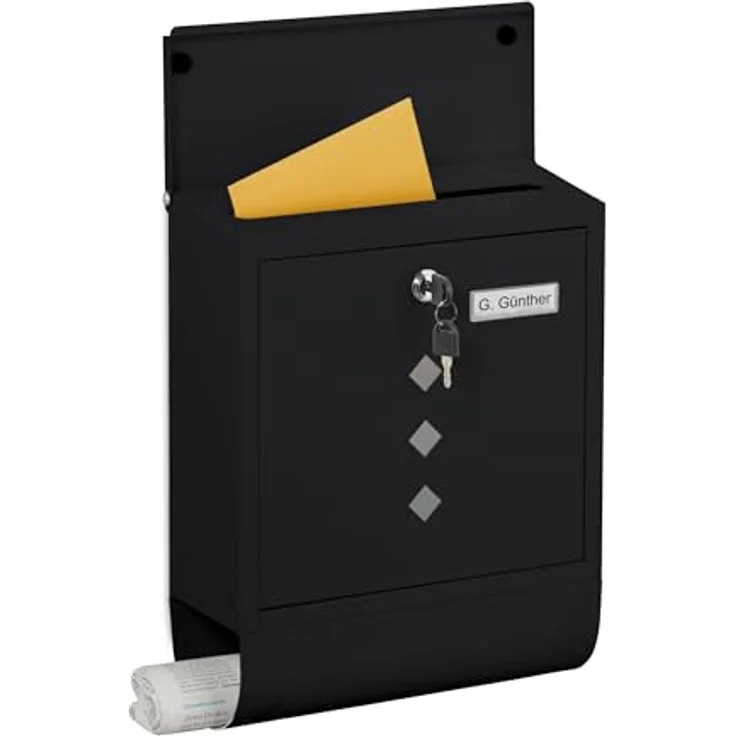 relaxdays Briefkasten mit Zeitungsfach, modernes Design aus pulverbeschichtetem Eisen, schwarz – Bild 1