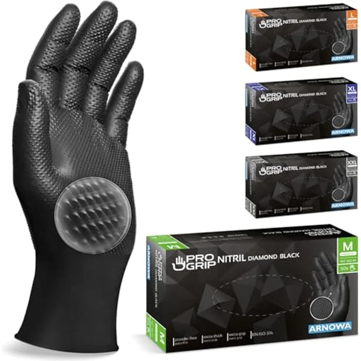 ARNOMED PROGRIP Nitrilhandschuhe Diamant Grip, Schwarz, extra stark, 8g, chemikalienbeständig, Größe M, 500 Stück (10x50 Stk) – Bild 1