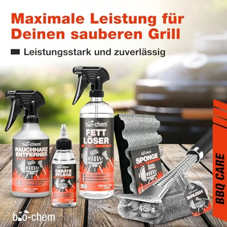 bio-chem Grill- und Backofen Reinigungsset 5-teilig, inkl. Rauchharz-Entferner, Fettlöser, Gerätepflege, Grillbürste und Grillschwamm, für Gasgrill, Edelstahl, Gusseisen, Smoker - Made in DE – Bild 2