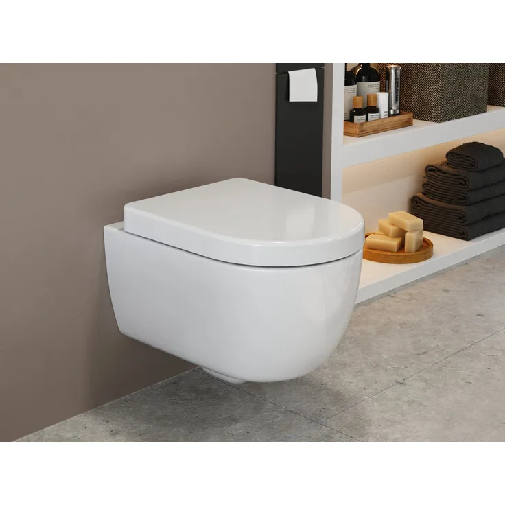 Aqua Bagno Tiefspül-WC spülrandlose Toilette mit WC-Sitz weiß kurzes WC Wand-WC, wandhängend, Abgang waagerecht