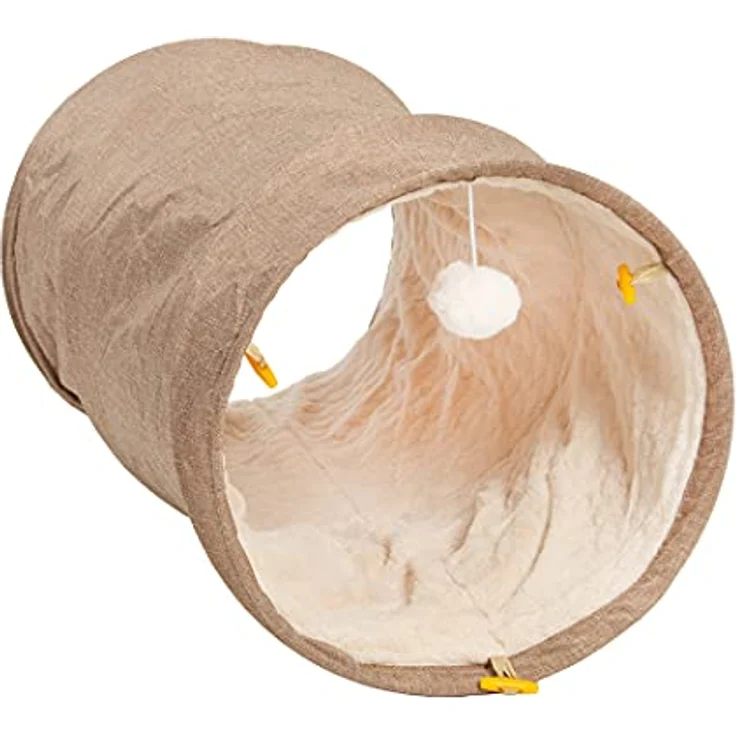 CanadianCat Company | Spieltunnel für Katzen mit Kuschelfell | beige | ca. 35 x 70 cm - Variable Form, integriertes Katzenspielzeug – Bild 1