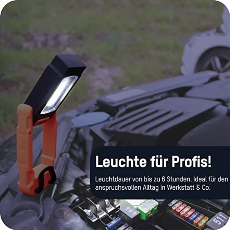 HyCell LED Werkstattlampe Flexi magnetisch & klappbar - Profi Arbeitslampe mit 128 Lumen - Vielseitige Taschenlampe mit Halteclip für Auto & Werkstatt Zubehör - LED Arbeitsleuchte inkl AAA Batterien – Bild 5