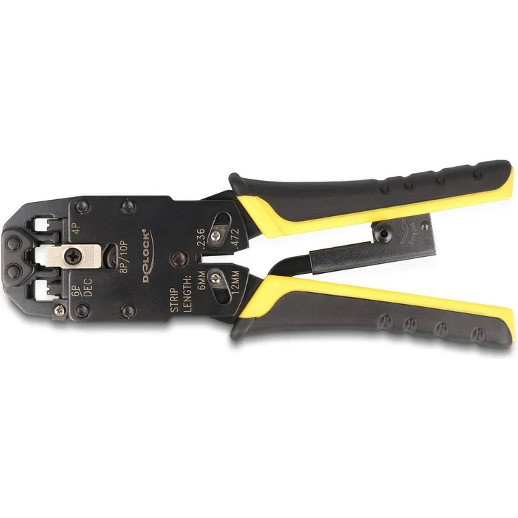 Delock Universelle Crimpzange mit Abisolierer, 200 mm, für RJ50, RJ45, RJ12, RJ11, gelb/schwarz – Bild 1