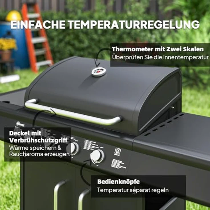 Outsunny Gasgrill 15,2 KW Grillwagen inkl 5 Edelstahl-Brenner, Seitenkocher, Deckel mit Thermometer, BBQ Gartengrill, 129,5 x 56 x 110 cm – Bild 4