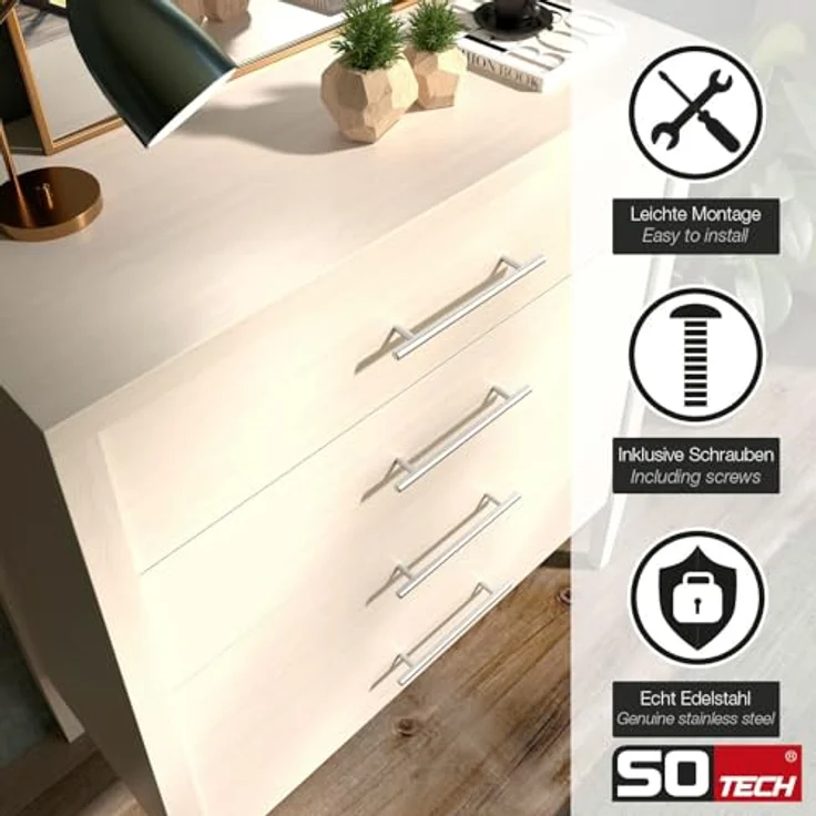 SOTECH Möbelgriff G14, echt Edelstahl massiv, Stangengriff 128 mm, Ø 10 mm, gebürstete Oberfläche, für Schubladen und Schränke – Bild 5